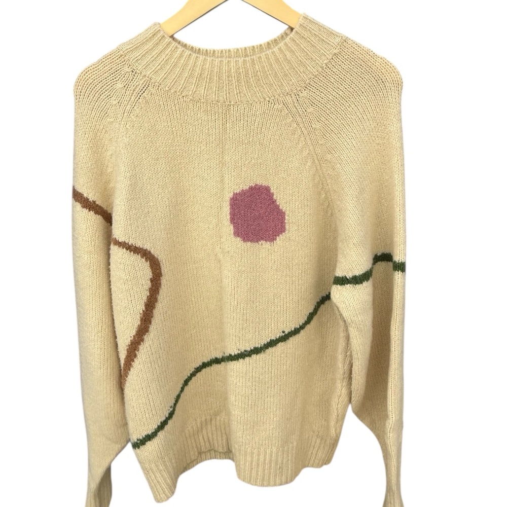 Lush Abstract Knit Sweater Cream Graphic Pullover Women’s Small Artsy Minimalist